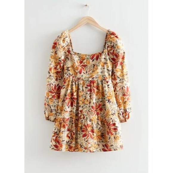 & Other Stories Floral Mini Dress Autumnal Floral Print Square neck Womens US 10 - Picture 2 of 12